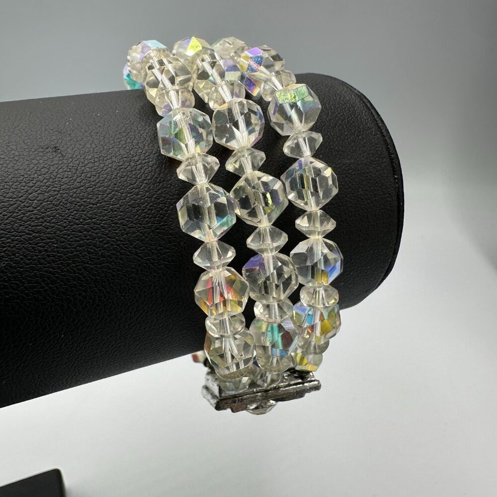 Vintage Aurora Borealis Glass Bracelet Multi Strand Clear Crystal Beads Art Deco - Picture 2 of 12